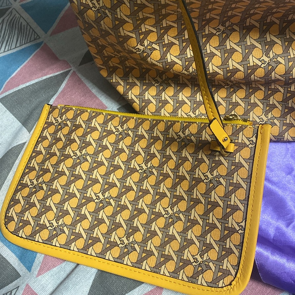 Tory Burch Ever Ready Basketweave Print Large Zipped Tote Sunset Glow With Pouch - Picture 7 of 9
